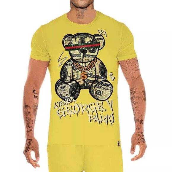 Avenue George V Paris Short Set Men's Yellow 2 piece set Teddy Bear Rhinestone - Picture 2 of 7